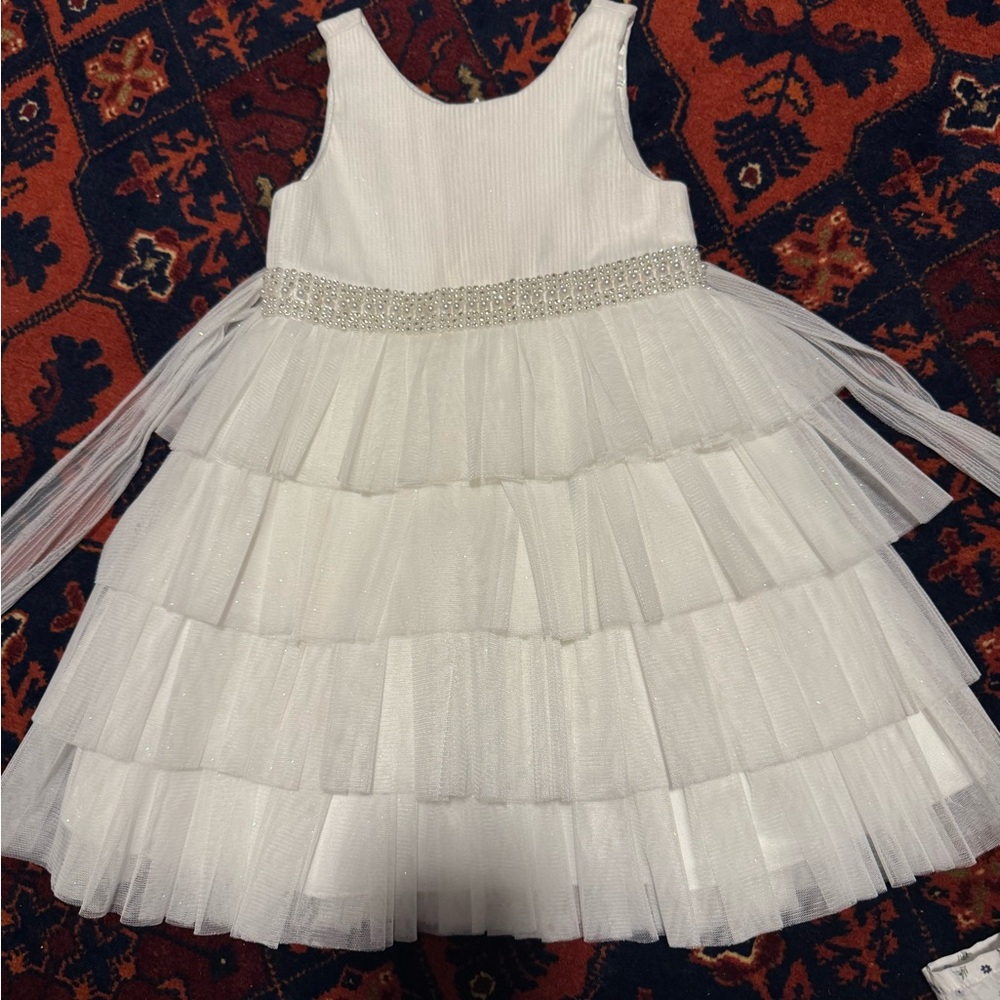 White Tiered Tulle Dress with Silver Accents